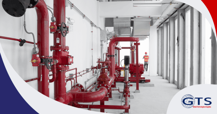 Componentes de un sistema contra incendio industrial incluyendo bomba, tablero y red hidráulica
