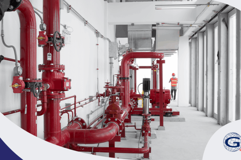 Componentes de un sistema contra incendio industrial incluyendo bomba, tablero y red hidráulica