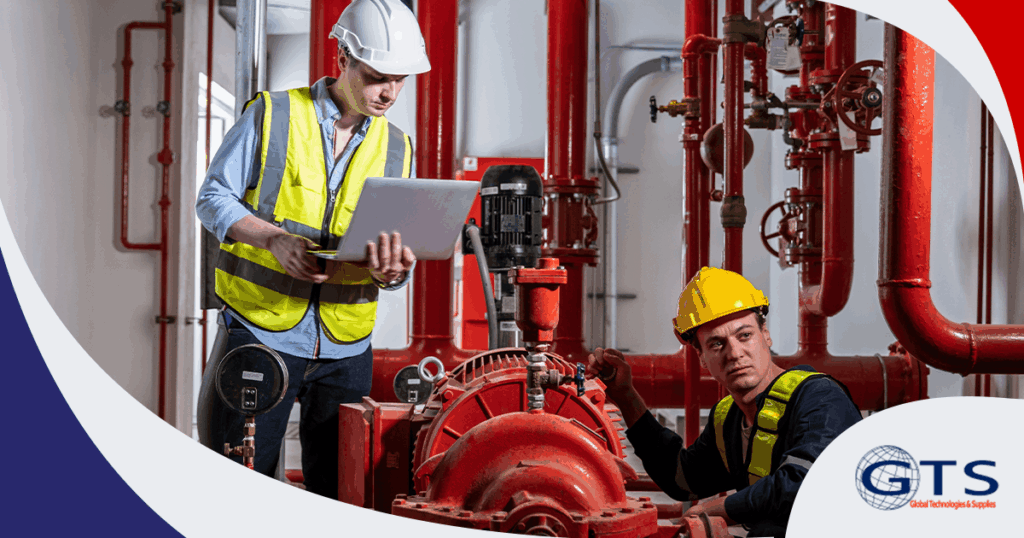 Técnicos realizando inspección y registro de mantenimiento en un sistema contra incendio industrial con bombas y tuberías