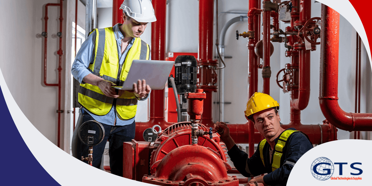 Técnicos realizando inspección y registro de mantenimiento en un sistema contra incendio industrial con bombas y tuberías