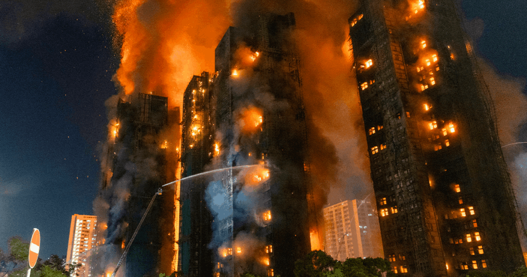 evacuación en edificio en llamas